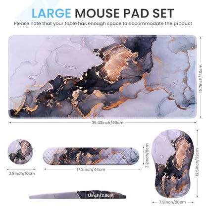 Desk Pad Mat, Large Mouse Pad with Wrist Rest, Ergonomic Keyboard Wrist Support, XXL Carpal Tunnel Mousepad Set with Coaster, Computer Keyboard Matt for Laptop Desktop, White Gray Marble - color: Marble White Grey Gold