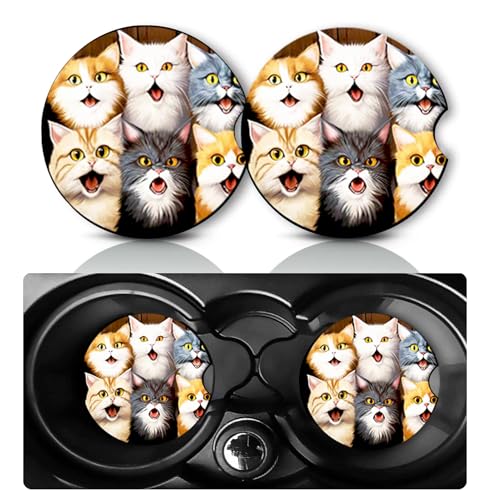 2 Pack Cat Car Cup Holder Coasters Neoprene Anti Slip Rubber Mat | Cats Car Accessories Interior Decor 2.75" Universal Size Insert Auto Coasters Cat Gifts for Women Men Pet Love - color: 6 Cat