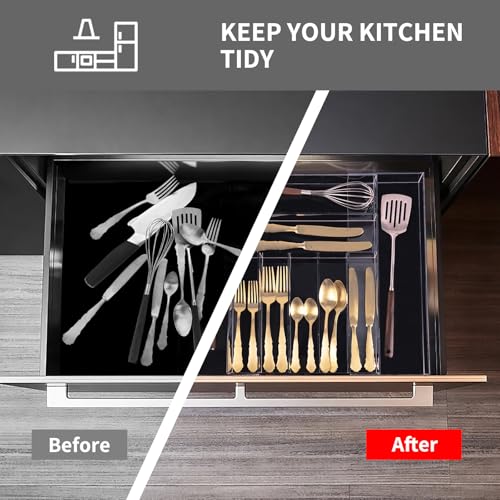 Clear Acrylic Drawer Organizer for Kitchen Utensils and Flatware, Adjustable Silverware Tray with 9 Compartments for Drawers, Office, and Bathroom Storage