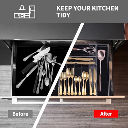 Clear Acrylic Drawer Organizer for Kitchen Utensils and Flatware, Adjustable Silverware Tray with 9 Compartments for Drawers, Office, and Bathroom Storage