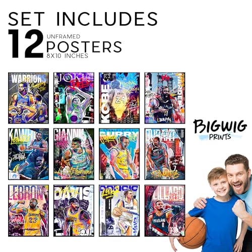 BigWig Prints Basketball Posters - Nba Posters, Basketball Room Decor, Nba Room Decor, Steph Curry, Kobe Bryant Wall Art, Kevin Durant, Lebron Wall Art, Warriors, Lakers - Unframed Set of 12 (8x10) - color: Basketball 2