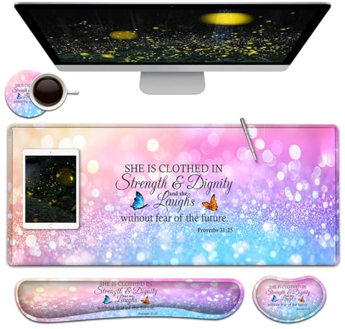 Large Mouse Pad + Keyboard Wrist Rest Set, Extended Gaming Mousepad (31.5X11.8 inch), Ergonomics Memory Foam Mouse Wrist Rest Support, Colorful Glitter Bokeh Proverbs 31:25 Pattern XXL Desk Pad - color: Yu-Mouse Pad-3-B46