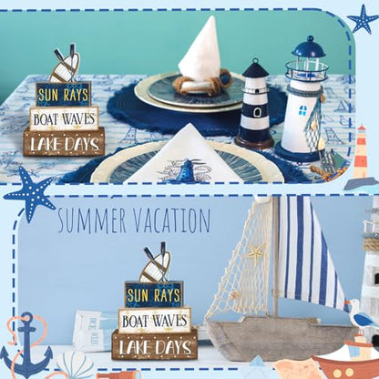 Britimes 4 Pcs Summer Wooden Tiered Tray Decor Set, Lake Boat Paddle Table Decor Rustic Farmhouse Retro Carbin Wooden Coffee Table Centerpieces for Home Kitchen Office Decorations (Boat Style) - style: Boat