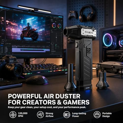 Electric Air Duster with 2 Swappable Battey Pack | 150,0000 RPM BLDC 150 mph Air flow, 3-Speed Compressed Air Duster for Dust/Snow Cleaning - 2-yr Warranty