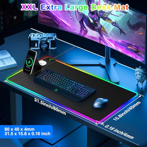 XXL RGB LED Gaming Mouse Pad with Magnetic Wireless Charger & Foldable Phone Holder, 31.5"x15.8" Extended Ultra-Smooth Desk Mat, 25 Lighting Effects, Non-Slip Base, Includes 20W PD Adapter - color: RGB-31.5"x15.8"-Magnetic Stand(with Adapter)