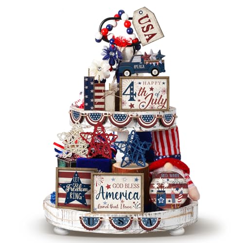 20 Pcs 4th of July 250th Anniversary Patriotic Tiered Tray Decoration USA Flag Wood Signs Rustic Independence Day Wooden Tiered Tray Decorations for Labor Memorial Day Home Party - style: Classic Style