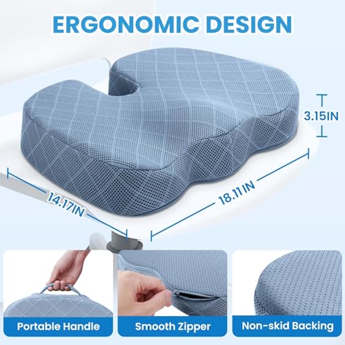 TushGuard Office/Car Seat Cushion, Non-Slip Sciatica & Back Coccyx Tailbone Pain Relief Chair Pad, Memory Foam Butt Pillow for Computer Desk, Wheelchair, Driving (Light Blue) - color: Light Blue, size: Large