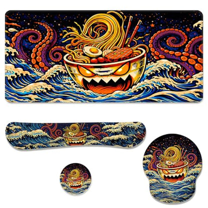 Ramen Desk Mat Set Funny Octopus Japanese Cartoon Large Mouse Pad with Wrist Rest 4in1 Desk Mat for Desktop Ergonomic Keyboard Wrist Support Anti-Slip Computer Ergonomic Mouse Pad Home Office Gaming - color: Ramen