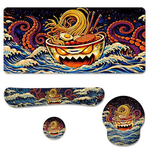 Ramen Desk Mat Set Funny Octopus Japanese Cartoon Large Mouse Pad with Wrist Rest 4in1 Desk Mat for Desktop Ergonomic Keyboard Wrist Support Anti-Slip Computer Ergonomic Mouse Pad Home Office Gaming - color: Ramen