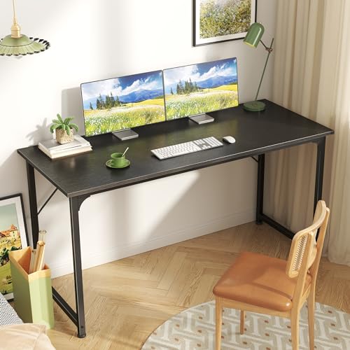 Huuger Computer Desk, 55 Inch Home Office Desk, Gaming Writing Work from Home Study Desk, Large Legroom, Sturdy Metal Frame, Modern Simple, Black - color: Black, size: 54inch