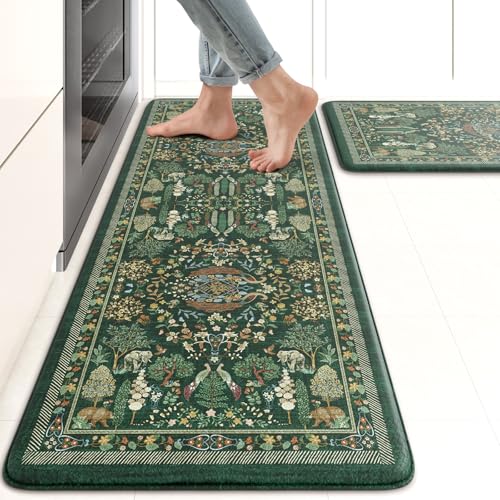 KIMODE Kitchen Mats Cushioned Anti Fatigue 17"x47"+17"x29", Farmhouse Kitchen Mats for Floor 2 Piece, Dark Green Padded Kitchen Floor Mats Non Slip, Standing Mat for Laundry Office Sink Desk - color: Forest/Green, size: 17.3" x 47"+17.3" x 29"--0.47 inche