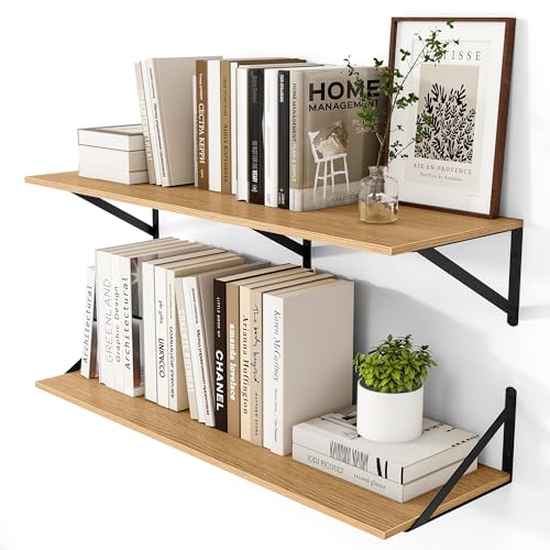 Heimlove 12 Inch Deep Floating Shelves for Wall, 36W x 12D Wood Wall Shelves Set of 2, Rustic Oak Wide Floating Bookshelf for Living Room, Kitchen, Office, Bedroom, with Black Metal Bracke - Oak - color: Oak With Black Metal Bracket, size: 36wx12dx5.8h
