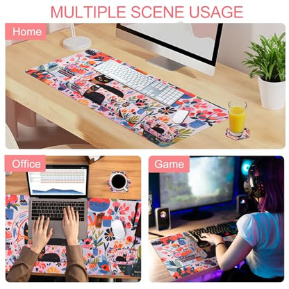 Petmolico Wrist Rest Set with Computer Keyboard Desk Pad,Mouse Wrist Rest,Keyboard Typing Wrist Pad and Cup Coasters,Ergonomic Design for Typing Pain Relief(Black,Cat with Flowers) - color: Rose