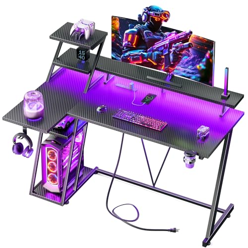Korfile 47 Inch Gaming Desk with LED Lights & Power Outlet, L Shaped Computer Desk with Storage Shelves, Gamer Workstations with Monitor Stand for Bedroom, Carbon Fiber Black - size: 47 Inches