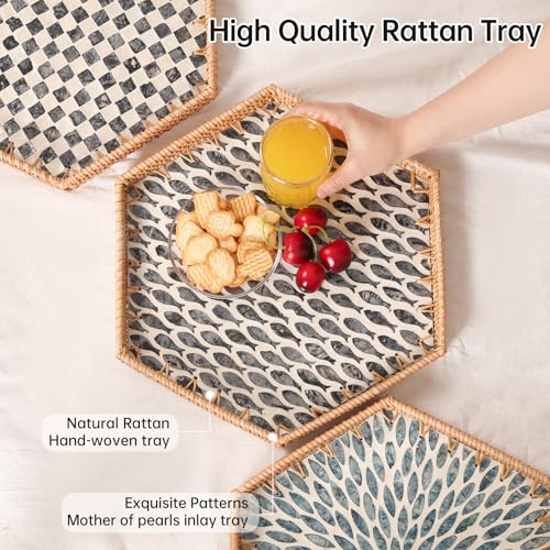 Hexagon Rattan Tray with Mother of Pearl Inlay, Rattan Serving Tray for Coffee, Bread, Fruits, Snacks, Decorative Wicker Tray for Table Decor, Home Decor (Black Fish, 14.5"×12.8") - color: Little Blackfish