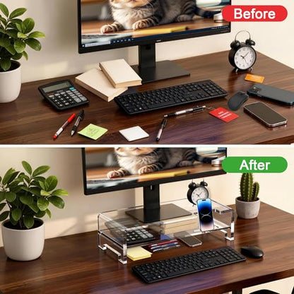 Acrylic Monitor Stand Riser Clear Laptop Stand 2-Tier L16 xW7.5 xH4.7 | Computer Monitor Stand Laptop Riser with Storage, Compatible with All Notebooks and Monitors, Desk Organizer for Home Office - size: 16''-2Tier