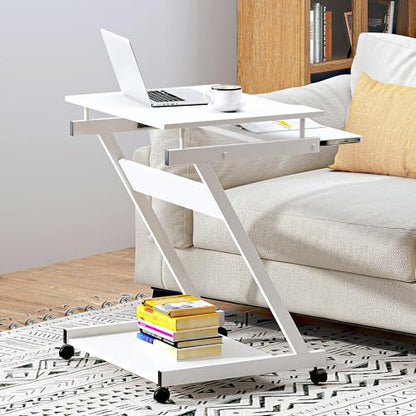 sogesfurniture Mobile Computer Desk Small Rolling Office Table Workstation with Printer Shelf and Keyboard Tray, Space-Saving Computer Desk with Storage Shelf for Home and Office (White) - color: White