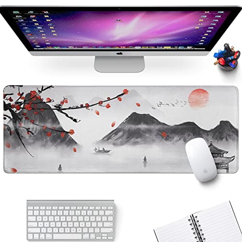 Japanese Cherry Blossom Gaming Mouse Pad Large Desk Mat,Big Desk Pad with Stitched Edge Non-Slip Rubber Base,Office Decor Organizers and Accessories - color: Ink Painting Cherry Blossom