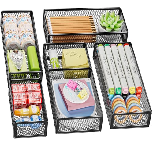 Marbrasse 5 Pack Desk Drawer Organizer Set, Mesh Drawer Storage Trays with 1 Adjustable Divider, Desk Organizers and Accessories, 5 PCS Drawer for Office Supplies, Makeup & Vanity (Black) - color: Black