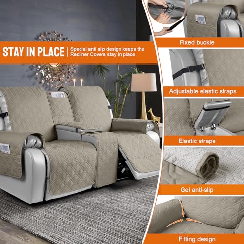 VANSOFY Loveseat Recliner Cover with Console 100% Waterproof Sofa Slipcovers Non-Slip Reclining Couch Cover Split Sofa Covers Furniture Protector for Pets, Dogs（Khaki） - color: Khaki