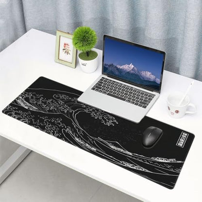 Japanese Gaming Mouse Pad Black Mouse Pad Kanagawa Large Mousepad Non-Slip Rubber Base Waterproof with Stitched Edges for Gaming Office Home, 31.5x11.8x0.12 Inch (Black Wave) - color: Kanagawa Wave, size: 31.5Lx11.8W inches