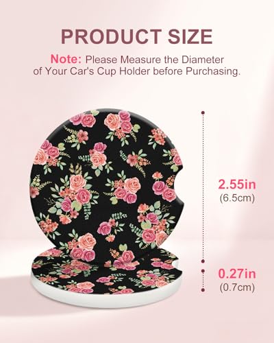 Swooflia Car Coasters for Women - Black-Pink Flower Ceramic Car Cupholder Coaster Absorbent Mat Coaster with Cork Base 2 Pack 2.55 inch Automotive Cup Holder Accessories New Driver Gifts for Decor - color: Black Pink Flower
