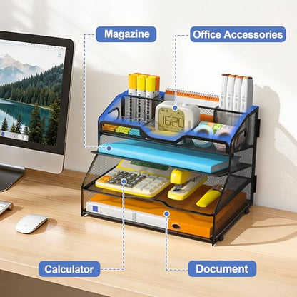 4 Tier Desk Orgnizers and Accessories, Metal Magazine File Holder with Pencil Holder and Handles, Space Saving Desk File Trays for School Office Supplies(Black) - color: 4-tier-black