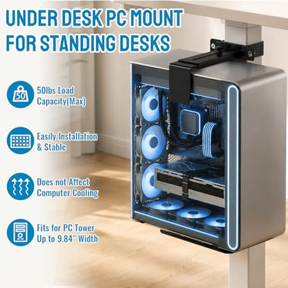 Under Desk PC Mount - Heavy Duty PC Stand for Standard Computer Tower Up to 9.64" Wide, Up to 50Lbs Weight, Clamped PC Bracket Holder Only for 65×45mm/75×45mm/80×50mm Standing Desk Leg, No Drill