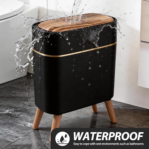 suyika Automatic Trash Can, 2.6 Gallon/10L Bathroom Trash Can with Lid - Wood Grain Lid and Legs, Touchless Waterproof Garbage Bin for Bedroom, Bathroom, Office, Living Room - color: Black