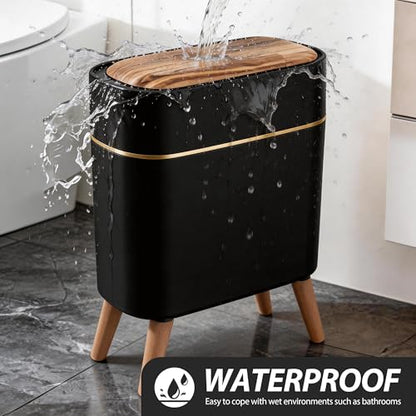 suyika Automatic Trash Can, 2.6 Gallon/10L Bathroom Trash Can with Lid - Wood Grain Lid and Legs, Touchless Waterproof Garbage Bin for Bedroom, Bathroom, Office, Living Room - color: Black