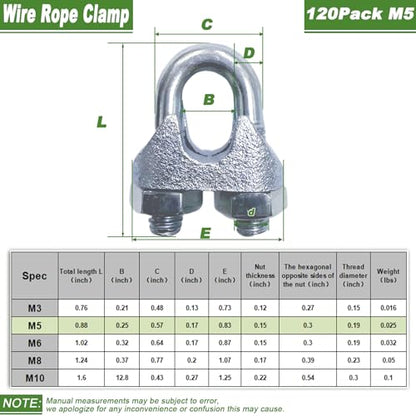 120PCS M5 Heavy Duty Wire Rope Clamps, 3/16-Inch Zinc Plated Wire Cable Clamps for Secure Connections – Boat, Tent, Clothesline, Rigging & More - size: M5-120PCS