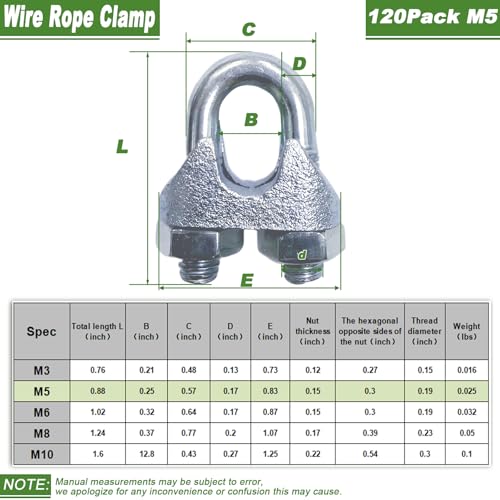 120PCS M5 Heavy Duty Wire Rope Clamps, 3/16-Inch Zinc Plated Wire Cable Clamps for Secure Connections – Boat, Tent, Clothesline, Rigging & More - size: M5-120PCS