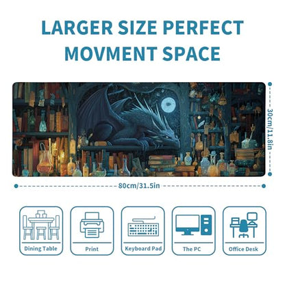Black Mouse Pad Abstract Mysterious Library Mouse Pad 31.5x11.8 Inch Aesthetic Bookshelf Non-Slip Rubber Base Large Mousepad Stitched Edges Keyboard Mouse Mat Desk Pad for Office and Home - color: Fantasy Bookshelf