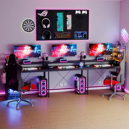 U Shaped Desk with Power Outlet & LED Lights, 79" Reversible Computer Desk with Monitor Stand, Wood Home Office Desks Gaming Desk with Shelving, Side Storage Pockets, Black - color: Black