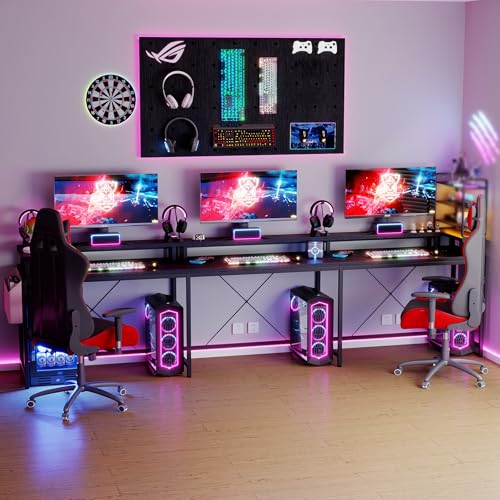 U Shaped Desk with Power Outlet & LED Lights, 79" Reversible Computer Desk with Monitor Stand, Wood Home Office Desks Gaming Desk with Shelving, Side Storage Pockets, Black - color: Black