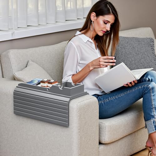 Bestjing Bamboo Couch Armrest Table, Sofa Arm Tray with Detachable Couch Cup Holder- 2 in 1 Anti-Slip Foldable Sofa Armchair Caddy Table for Drinks Cellphone TV Remote Snacks (Gray) - color: Gray, size: 16.3" x 13.3" x 2"