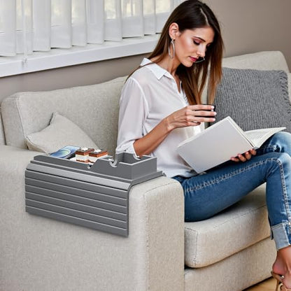 Bestjing Bamboo Couch Armrest Table, Sofa Arm Tray with Detachable Couch Cup Holder- 2 in 1 Anti-Slip Foldable Sofa Armchair Caddy Table for Drinks Cellphone TV Remote Snacks (Gray) - color: Gray, size: 16.3" x 13.3" x 2"