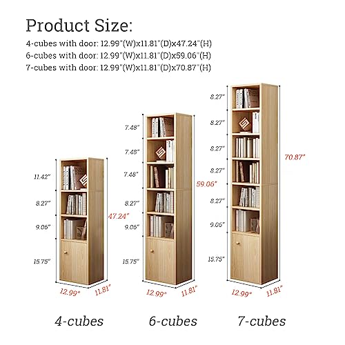 IOTXY Small Narrow Corner Bookcase - 47 Inches Tall Gap Freestanding Storage Cabinet, 4 Lattices Open Shelves Tower Rack with Door, Cubes Bookshelf in Oak - color: Oak, size: 4-Cubes with Door