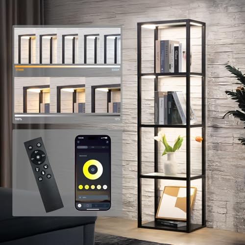 Glass Display Shelf with Remote/APP Control, Curio Cabinet for Collectibles with Light, Modern Shelf Floor Lamp with Adjustable Color Temps for Living Room, Bedroom