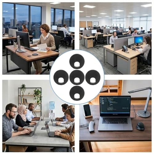 2 Inch Desk Grommet (50mm) - 5 Pack Black Plastic Cable Management Kit, Wire Covers for Cords Pass Through Computer Table, Office Desk Hole Cover for TV Stand & Workstation