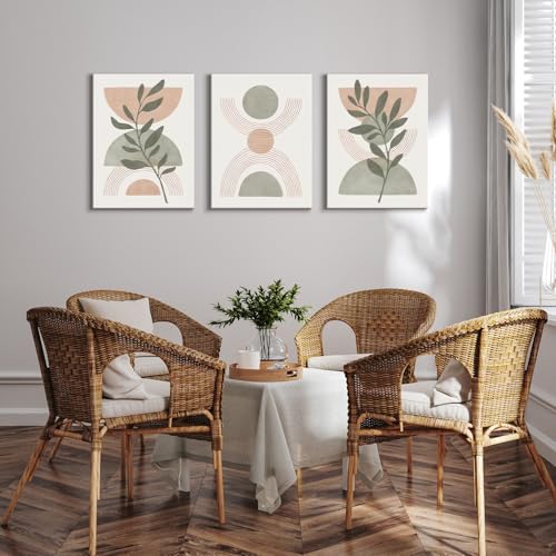 Dazzlewall Framed 3Pcs Minimalist Boho Sage Green Wall Art Set,Botanical Leaf & Geometric Shapes Canvas Prints for Bedroom Living Room Decor 12x16 in - color: Multicolour Framed