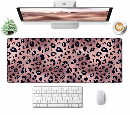 Gaming Large Mouse Pad with Stitched Edges, Desk Mat, Extended Keyboard Pad, Non-Slip Rubber Base Desk Pad for Keyboard and Mouse, 31.5X11.8 inch, Rose Gold Leopard Patter - color: Rose Gold Leopard Patter, size: 31.5L x 11.8W inches