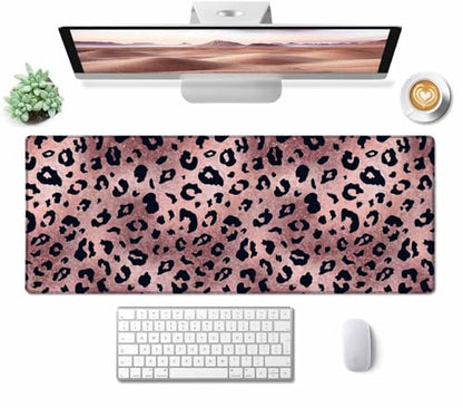 Gaming Large Mouse Pad with Stitched Edges, Desk Mat, Extended Keyboard Pad, Non-Slip Rubber Base Desk Pad for Keyboard and Mouse, 31.5X11.8 inch, Rose Gold Leopard Patter - color: Rose Gold Leopard Patter, size: 31.5L x 11.8W inches