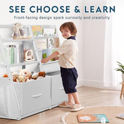 LOFTEY Kids Bookshelf and Toy Storage, Book Shelf for Kids Room, Toddler Montessori Bookshelf with 2 Drawers, Baby Book Shelf for Nursery, Toy Organizer, White