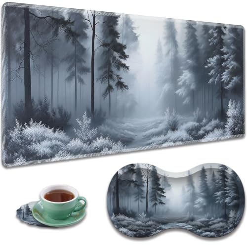 Large Gaming Mouse Pad + Wrist Rest+ Coaster Combo, 31.5 "x 11.8" Durable Non-Slip Extension Table Mat, Suitable for Office and Home, Fog Forest - color: Fog Forest
