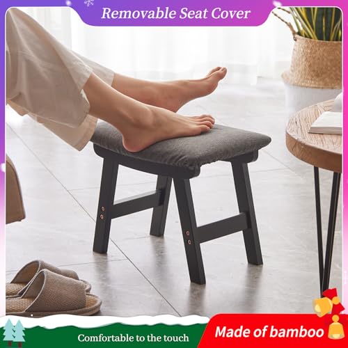 Kitsanery Foot Stool,Ottoman,Bamboo Small Sofa Foot Rest Under Desk,Extra Seating for Living Room, Bedroom and Kitchen (Black Stool Legs - Gray Surface) - color: Black Stool Legs - Gray Surface