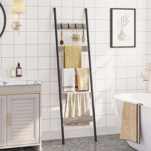 HOOBRO Blanket Ladder, 5-Tier Towel Rack with Hooks, Wall-Leaning Blanket Rack, Decorative Display Ladder Shelf, Scarves, Industrial, Living Room, Bedroom, Greige and Black BG52CJ01 - color: Greige + Black, size: 17.3"L x 63"W