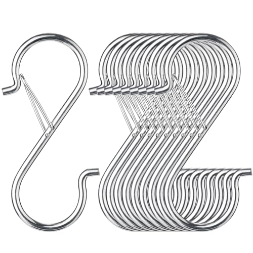 12 PCS S Hooks for Hanging with Safety Buckle | 3.5 inch Heavy Duty Metal S Shaped Hooks Stainless Steel for Hanging Kitchen Utensil, Cups, Pots, Plants, Bags, Hat (Silver) - color: Silver