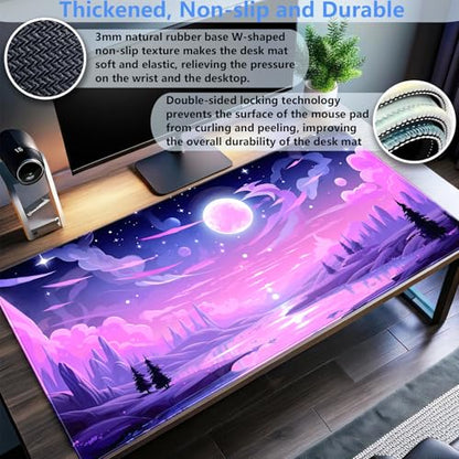 Extended Gaming Mouse Pad XL, Pink Purple Anime Desk Mat 31.5x15.7 | Aesthetic large mousepad featuring a magical purple moon and cloud design. Perfect for cute anime desk setups. - color: Pink Moon Lake