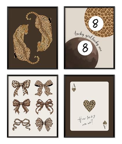 Locomiss Trendy Leopard Wall Art Posters, Cheetah Print Wall Decor, Funky Retro Leopard Lucky 8 Ball Coquette Bow Poker Posters for Home Girls College Dorm Bedroom Decor, Set of 4(8x10 Unframed) - color: bow